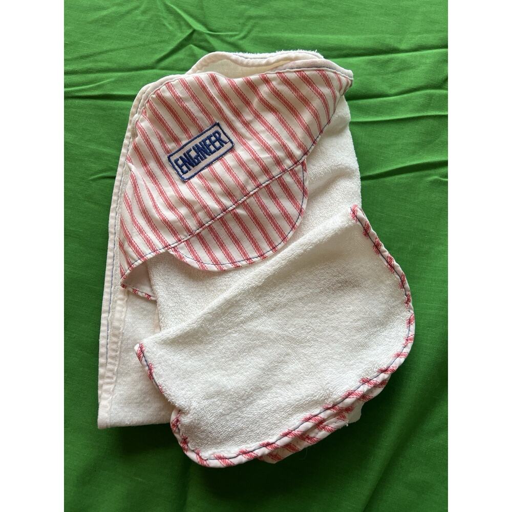 Vtg Engineer Baby Embroidered Towel, Wash Rag, & Small Pillow Case Set